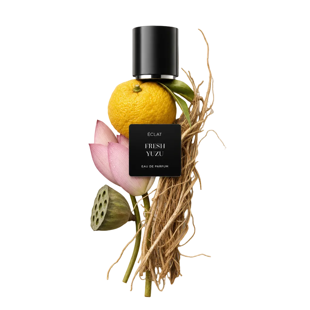 Ein Arrangement aus frischer Yuzufrucht, rosa Lotusblütenblättern und getrocknetem Gras umgibt eine schwarze Kappe mit Etikett für ÉCLAT Fresh Yuzu.