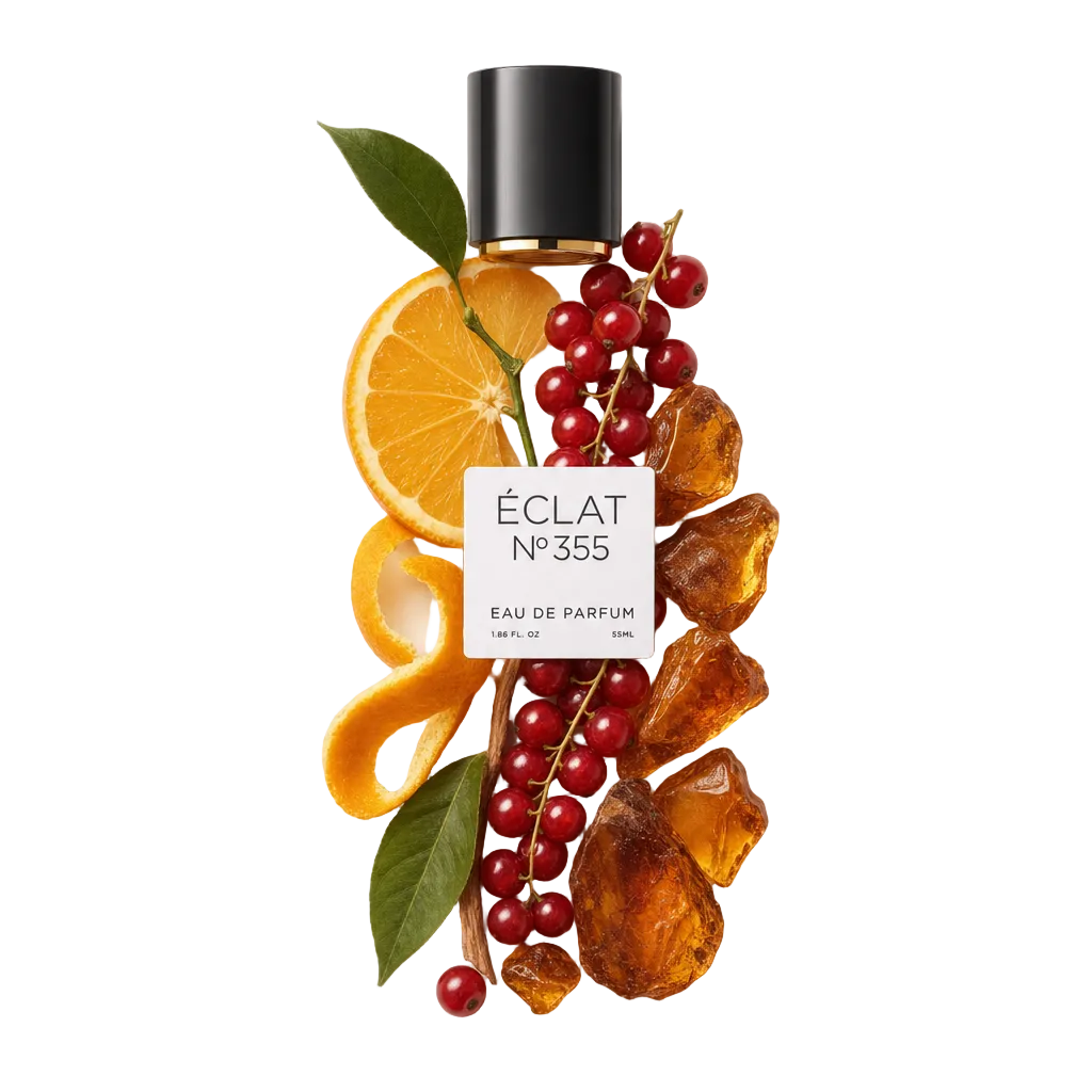 Ein Arrangement aus Orangenscheiben, roten Johannisbeeren und Bernsteinharz umgibt eine schwarze Kappe mit ÉCLAT-Etikett.
