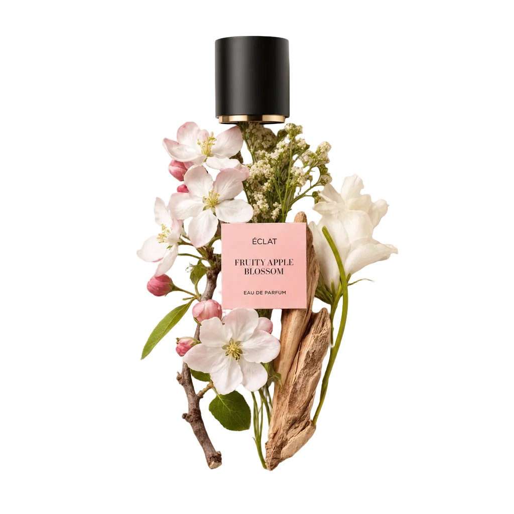 Ein Arrangement aus Apfelblüten, Zweigen und zarten weißen Blüten umgibt eine schwarze Kappe mit Etikett für ÉCLAT Fruity Apple Blossom.