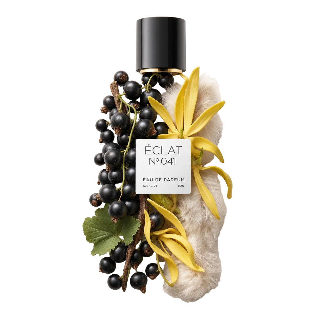 Ein Arrangement aus schwarzen Johannisbeeren, Ylang-Ylang-Blüten und Vanilleschoten umgibt eine schwarze Verschlusskappe mit einem Etikett, das den Namen ÉCLAT Fruity Cassis trägt.