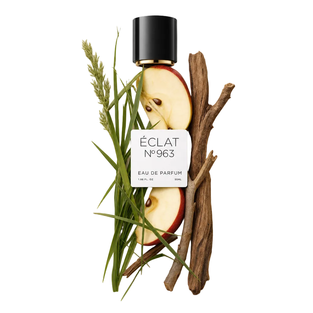 Ein Arrangement aus Apfelscheiben, frischem Gras und Holzstöcken umgibt eine schwarze Kappe mit einem Etikett für ÉCLAT Fruity Grass.