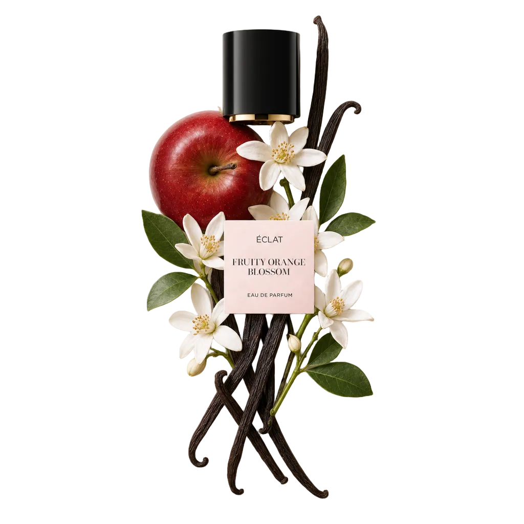 Ein kunstvolles Arrangement aus einem roten Apfel, weißen Orangenblüten und Vanilleschoten umgibt die schwarze Kappe mit ÉCLAT Fruity Orange Blossom Etikett.