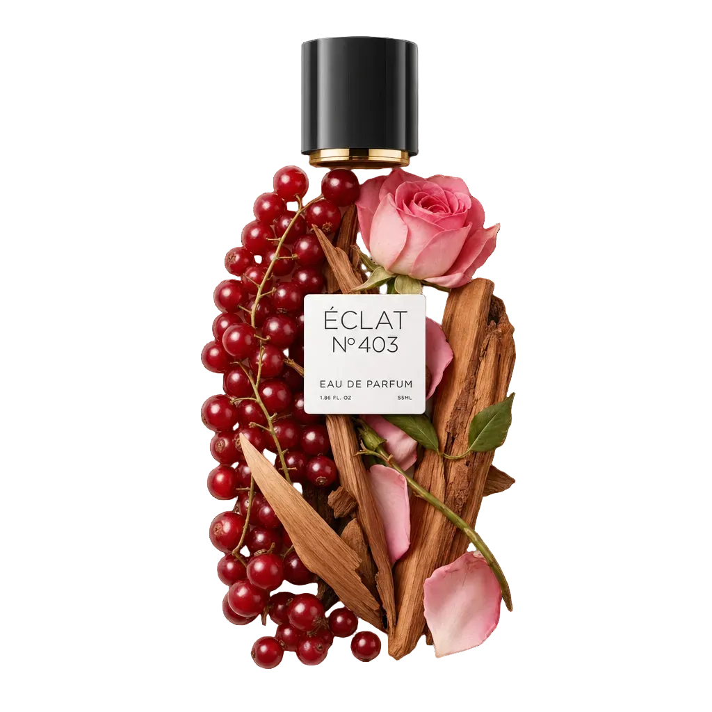 Ein Arrangement aus roten Johannisbeeren, rosa Rosenblütenblättern und Holzspänen umgibt eine schwarze Kappe mit ÉCLAT Fruity Rose Etikett.