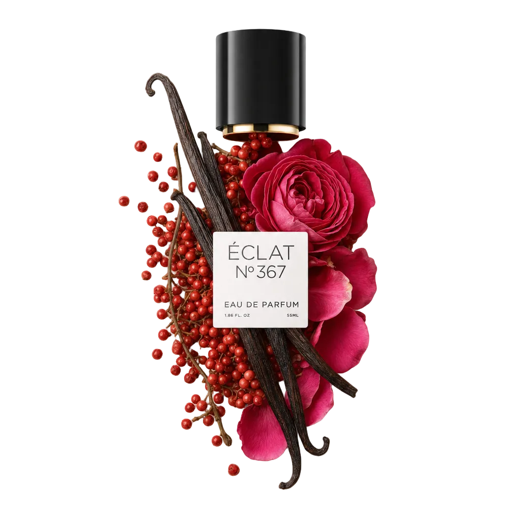 Ein Arrangement aus roten Beeren, pinken Blütenblättern und Vanilleschoten, gekrönt von einer schwarzen ÉCLAT-Kappe mit Etikett.