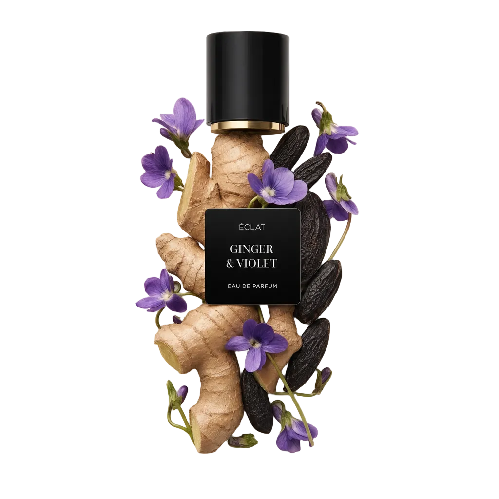 Ein von Hand arrangiertes Stillleben aus rohem Ingwer, Veilchenblüten und Tonkabohnen umgibt eine schwarze Verschlusskappe mit dem Etikett ÉCLAT Ginger & Violet.