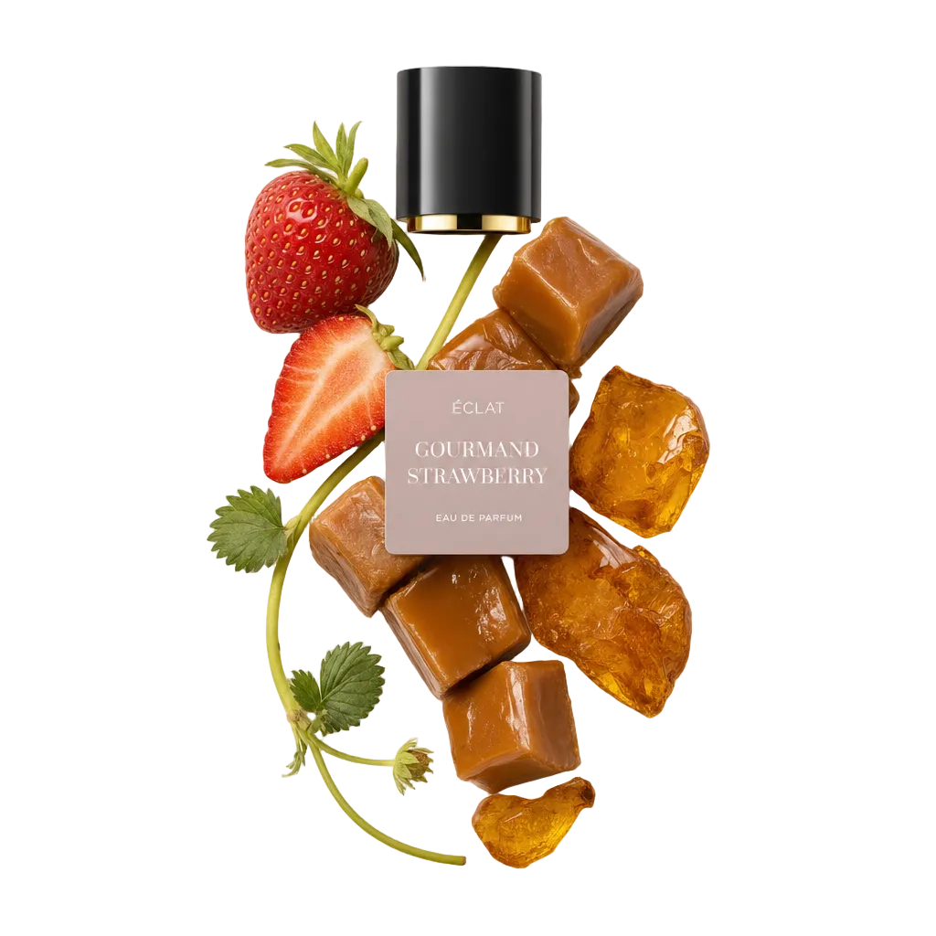Ein Arrangement aus Karamellwürfeln, einer aufgeschnittenen Erdbeere mit Blättern und bernsteinfarbenen Zuckersplittern umgibt eine schwarze Kappe mit ÉCLAT Gourmand Strawberry Etikett.