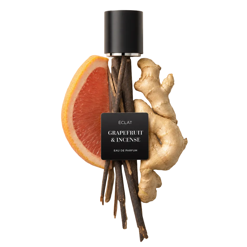 Ein Arrangement aus Grapefruitscheibe, Räucherstäbchen und Ingwerwurzel mit ÉCLAT schwarzer Kappe und Etikett.