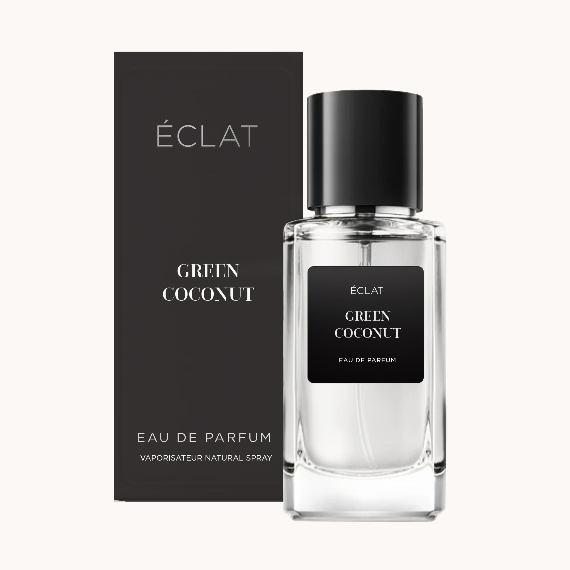 ÉCLAT Green Coconut Duft im klaren Glasflakon mit schwarzem Etikett und Verschluss, neben der passenden schwarzen Box.