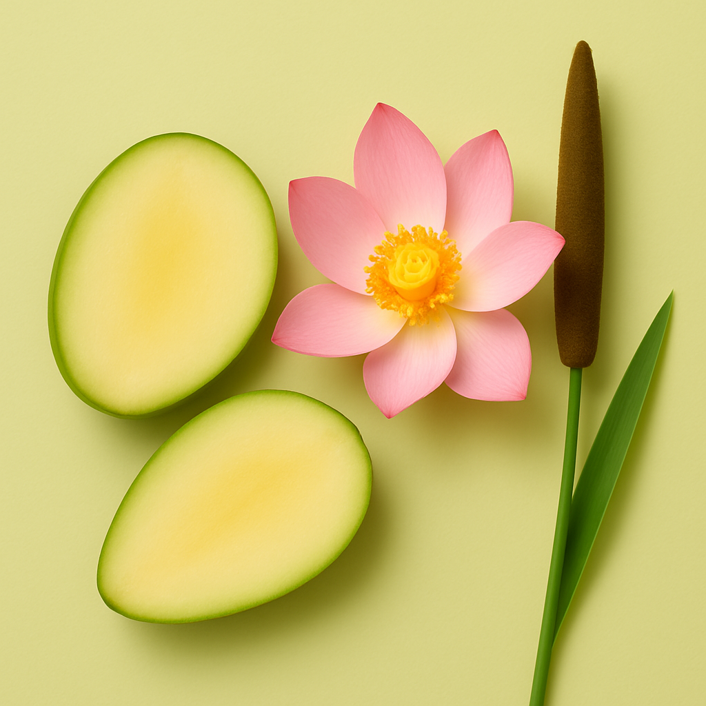 Halbierte grüne Mango neben einer rosa Lotusblüte und einem Rohrkolben auf hellgrünem Hintergrund, die Essenz von ÉCLAT Green Mango & Lotus verkörpernd.