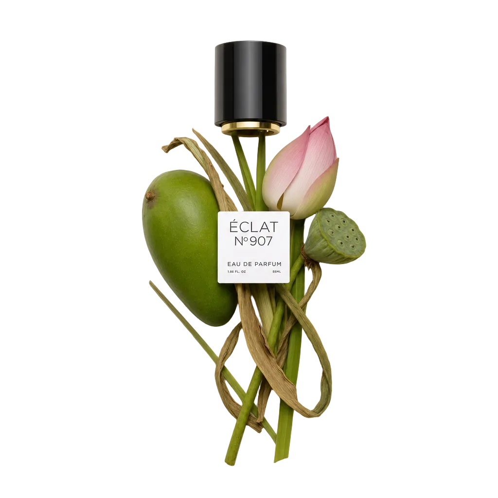 Ein Arrangement aus frischer grüner Mango, Lotusknospe und Samenkapsel mit einer schwarzen Kappe, beschriftet mit ÉCLAT Green Mango & Lotus.