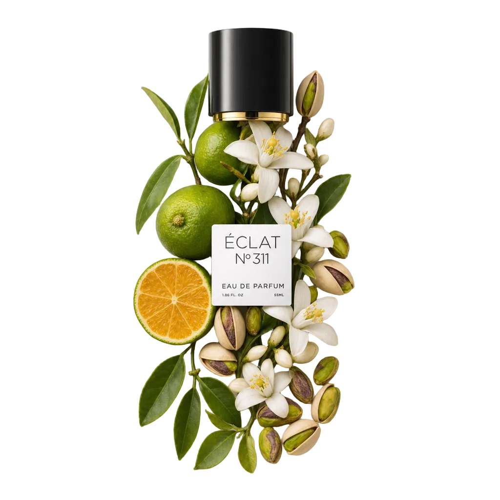 Ein Arrangement aus Limetten, Orangenscheiben, weißen Blüten und Pistazien umgibt eine schwarze Kappe mit dem Etikett ÉCLAT.