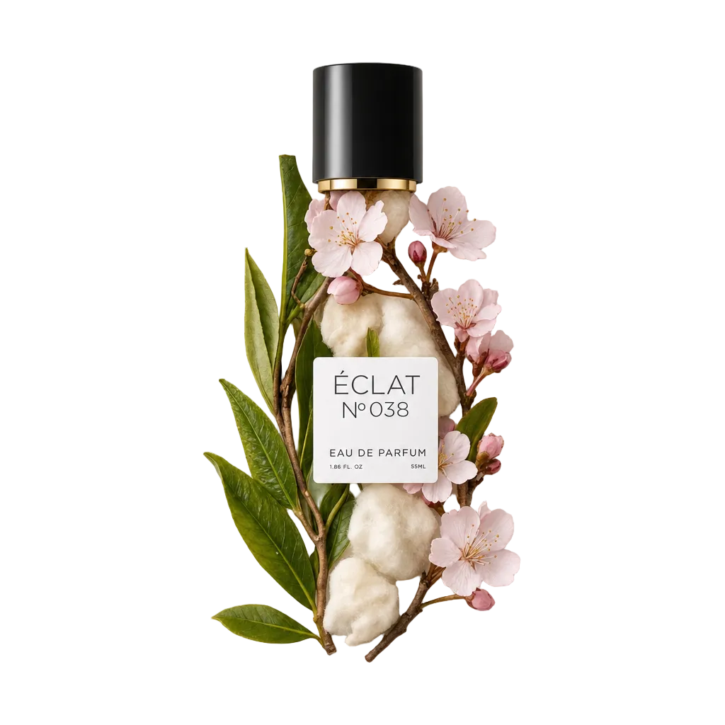 Ein Arrangement aus Kirschblüten, Grünteeblättern und Baumwolle umgibt die originale schwarze Kappe mit goldenem Akzent von ÉCLAT Green Tea & Cherry Blossom.