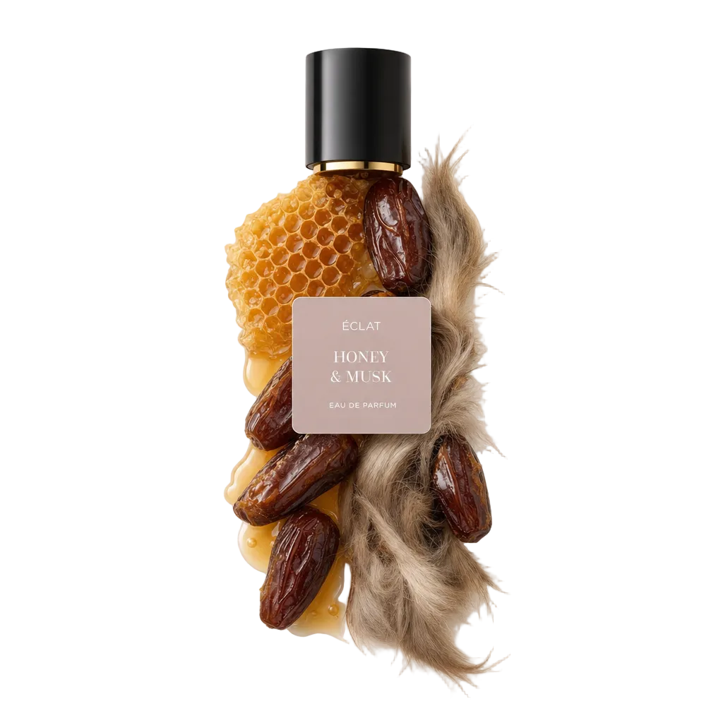 Ein Arrangement aus Honigwaben, Datteln und Moschusfell umgibt elegant die originale schwarze Verschlusskappe mit dem Etikett von ÉCLAT Honey & Musk.