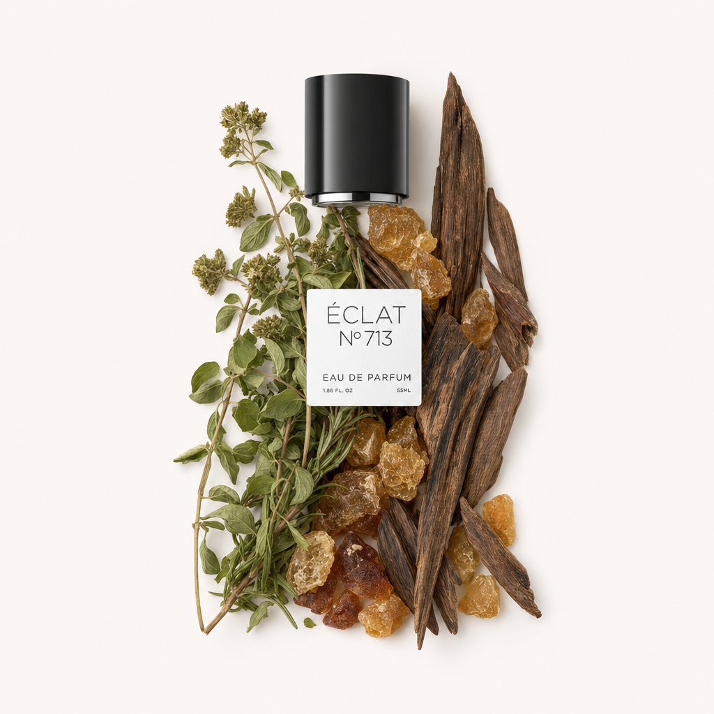 Ein kunstvolles Arrangement aus grünen Kräutern, goldenen Harzkristallen und dunklen Holzstücken umgibt eine schwarze Kappe mit ÉCLAT Incense & Oud Etikett.
