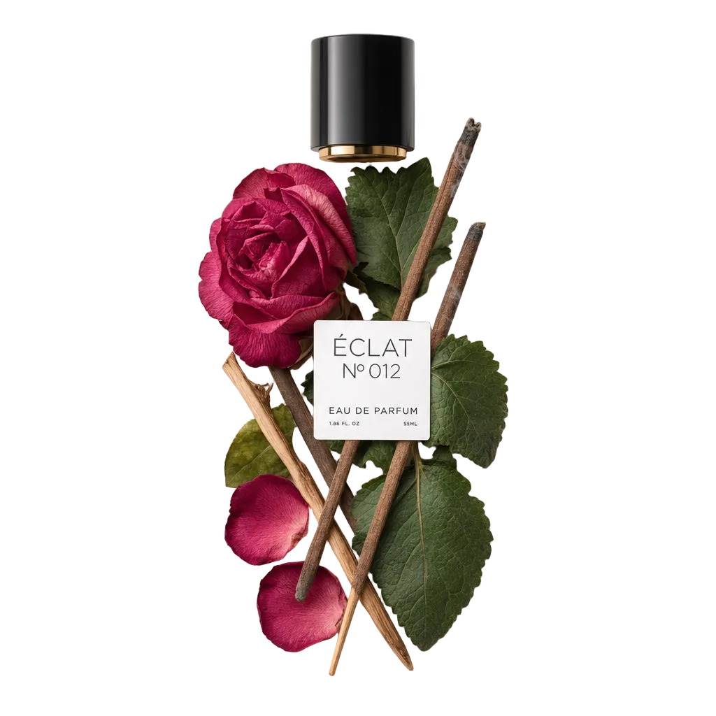 Ein Arrangement aus Räucherstäbchen, einer kräftig roten Rose, Blütenblättern und üppigen Blättern zeigt die Duftnoten von ÉCLAT VIP - Incense, Rose & Spices, mit einer schwarzen Kappe mit Etikett oben.