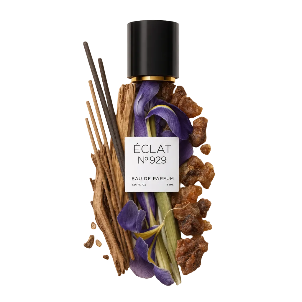 Ein Arrangement aus Räucherstäbchen, violetten Irisblüten und Bernsteinharz umgibt eine schwarze Verschlusskappe mit ÉCLAT Iris & Incense Etikett.