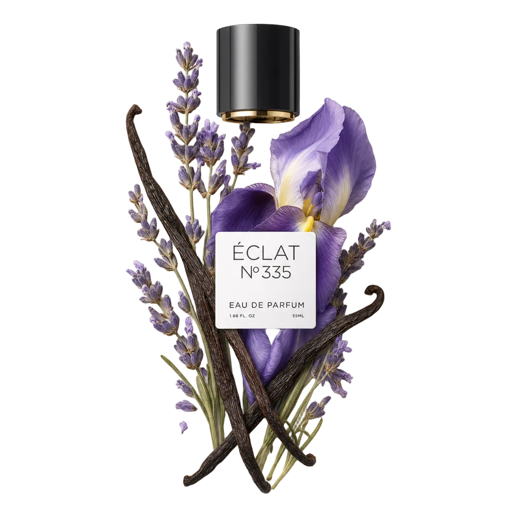 Ein Arrangement aus Lavendelzweigen, Vanilleschoten und einer violetten Blüte umgibt eine schwarze Verschlusskappe mit Etikett, das ÉCLAT Lavender & Vanilla repräsentiert.