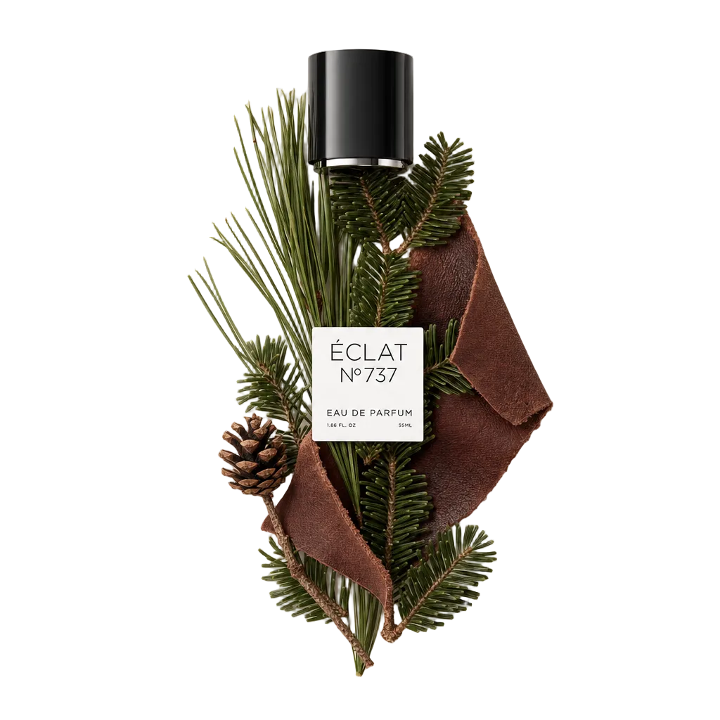 Ein Arrangement aus Balsamtannennadeln, Tannenzapfen und Lederstreifen um eine schwarze Verschlusskappe mit Etikett von ÉCLAT Leathery Balsam Fir.