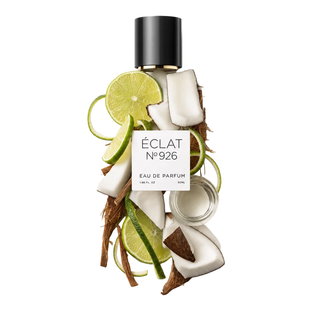 Ein Arrangement aus frischen Limettenscheiben und Kokosnussstücken umgibt eine schwarze Kappe mit dem Etikett ÉCLAT Lime & Coconut.