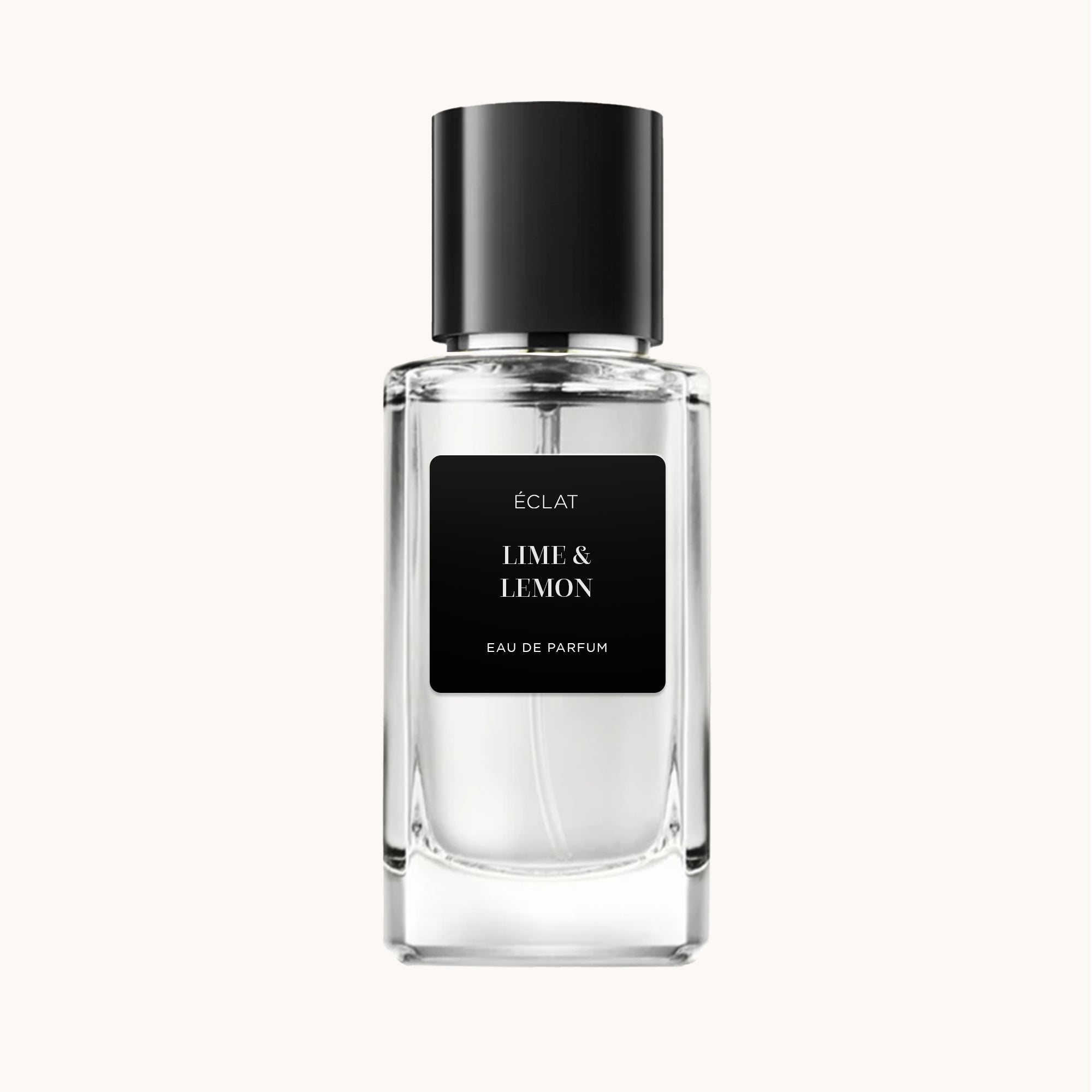 ÉCLAT Lime & Lemon Parfum in einem klaren Glasflakon mit schwarzem Verschluss und schwarzem Etikett auf hellem Hintergrund.