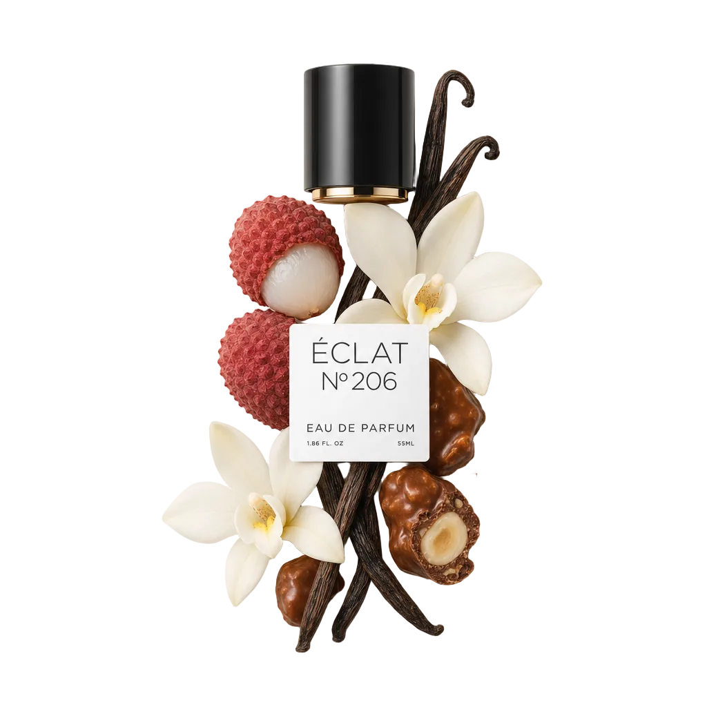 Ein Arrangement aus Litschi, Vanilleblüten und Praline umgibt die schwarze Kappe von ÉCLAT Lychee & Praline, mit einem Etikett versehen.