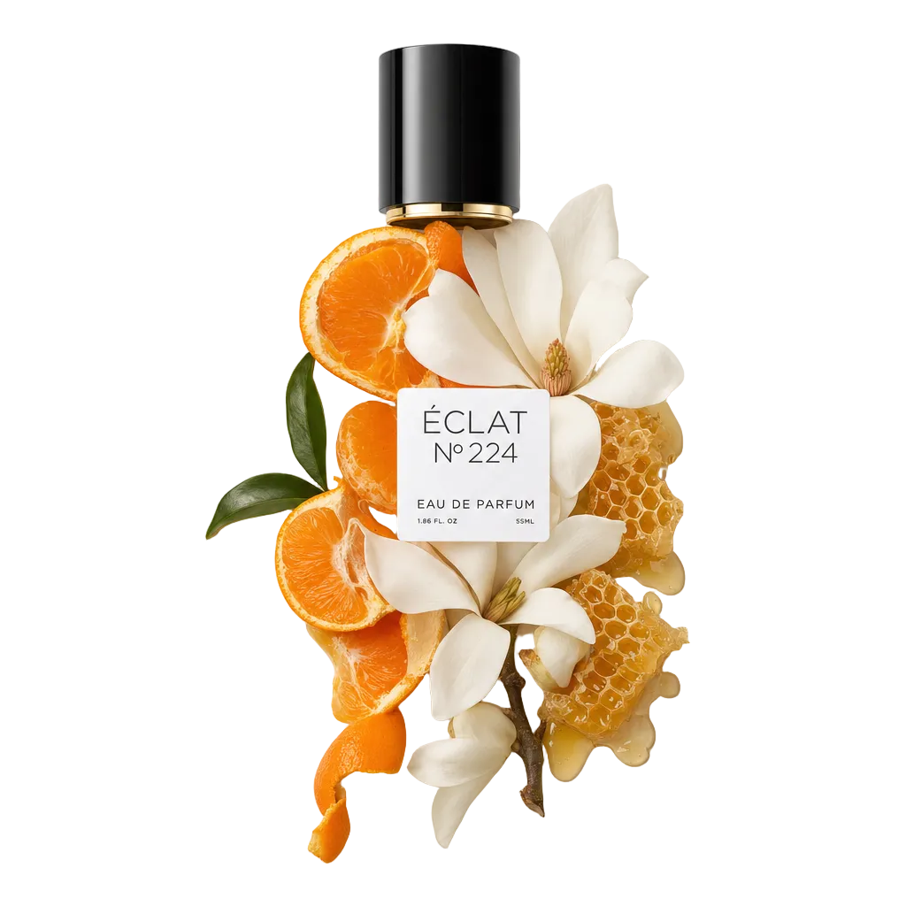 Ein Arrangement aus Magnolienblüten, Honigwaben und Orangenscheiben umgibt eine schwarze Kappe mit einem Etikett von ÉCLAT Magnolia & Honey.