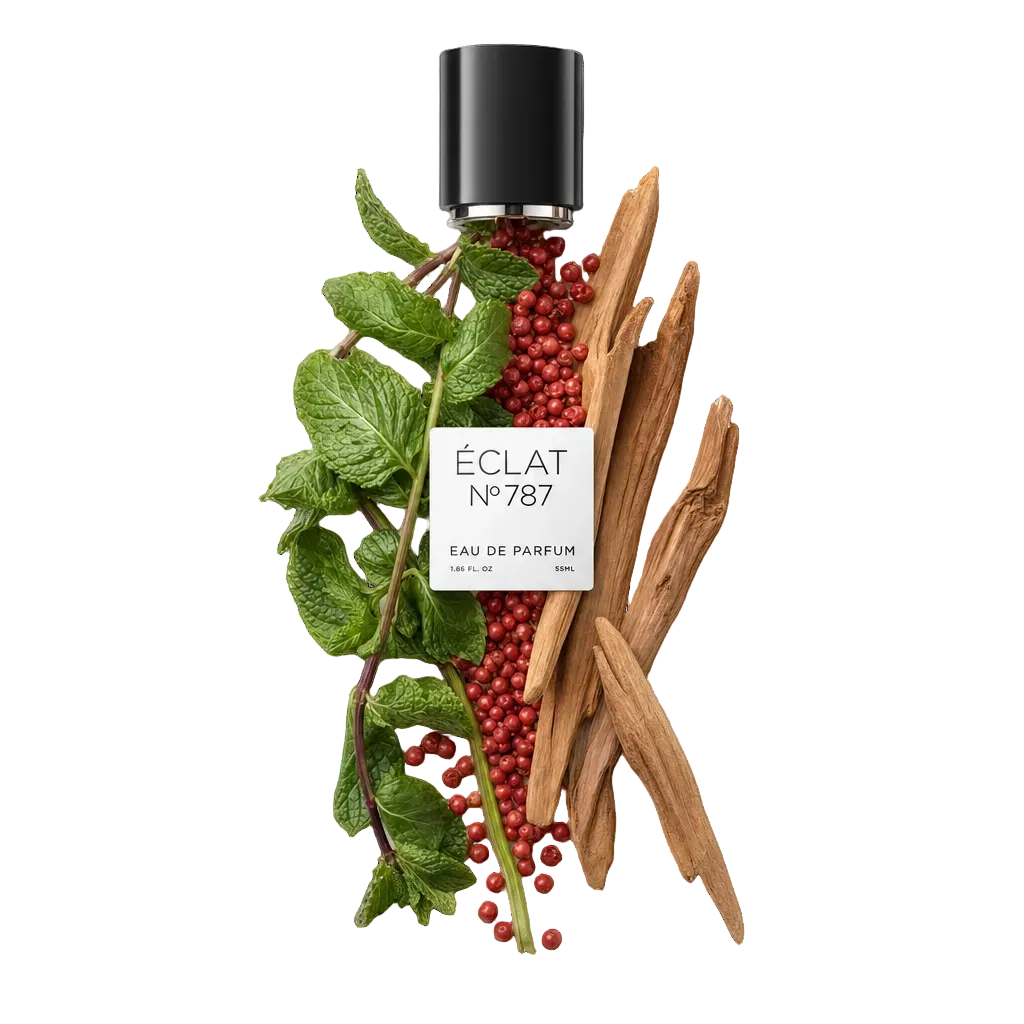 Ein Arrangement aus frischen Minzblättern, roten Pfefferkörnern und Holzstöcken neben einer schwarzen Kappe mit ÉCLAT-Etikett.