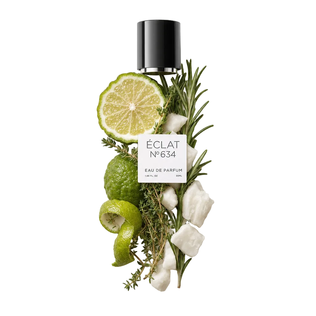 Ein Arrangement aus Bergamottescheiben, Rosmarinzweigen und Baumwolle, mit einer schwarzen Kappe und einem Etikett für ÉCLAT Musky Bergamot.