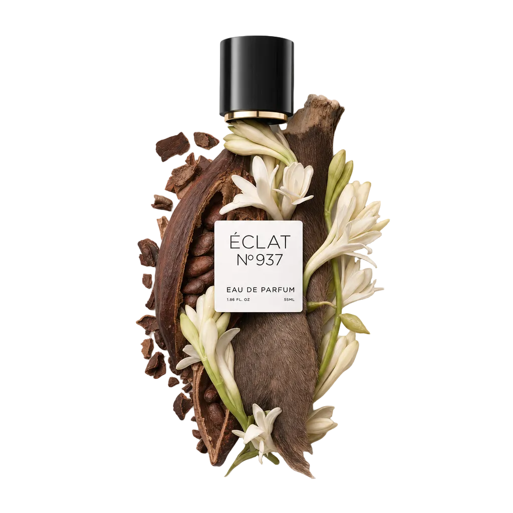 Ein Arrangement aus Kakaoschoten, weißen Blüten und einem strukturierten braunen Material umgibt die schwarze Verschlusskappe mit einem Etikett von ÉCLAT Musky Dark Chocolate.