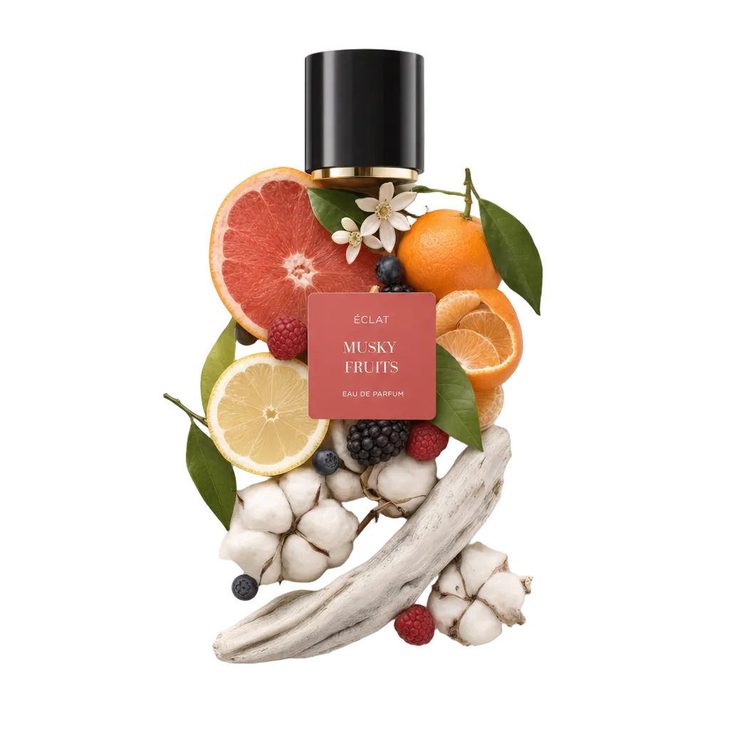 Ein Arrangement aus Früchten und Blüten mit Zitrusscheiben, Beeren und einem Baumwollzweig, umgeben von einer schwarzen Kappe mit ÉCLAT Musky Fruits Etikett.