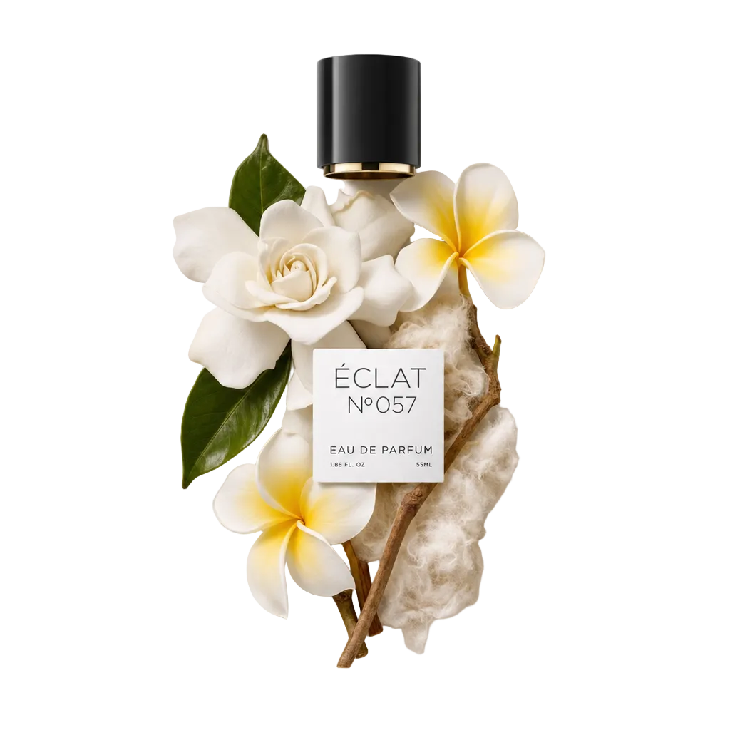 Ein Stillleben mit den Zutaten von ÉCLAT Musky Gardenia: Gardenien- und Frangipaniblüten, Blätter und ein holziger Zweig, arrangiert um eine schwarze Kappe mit Etikett.