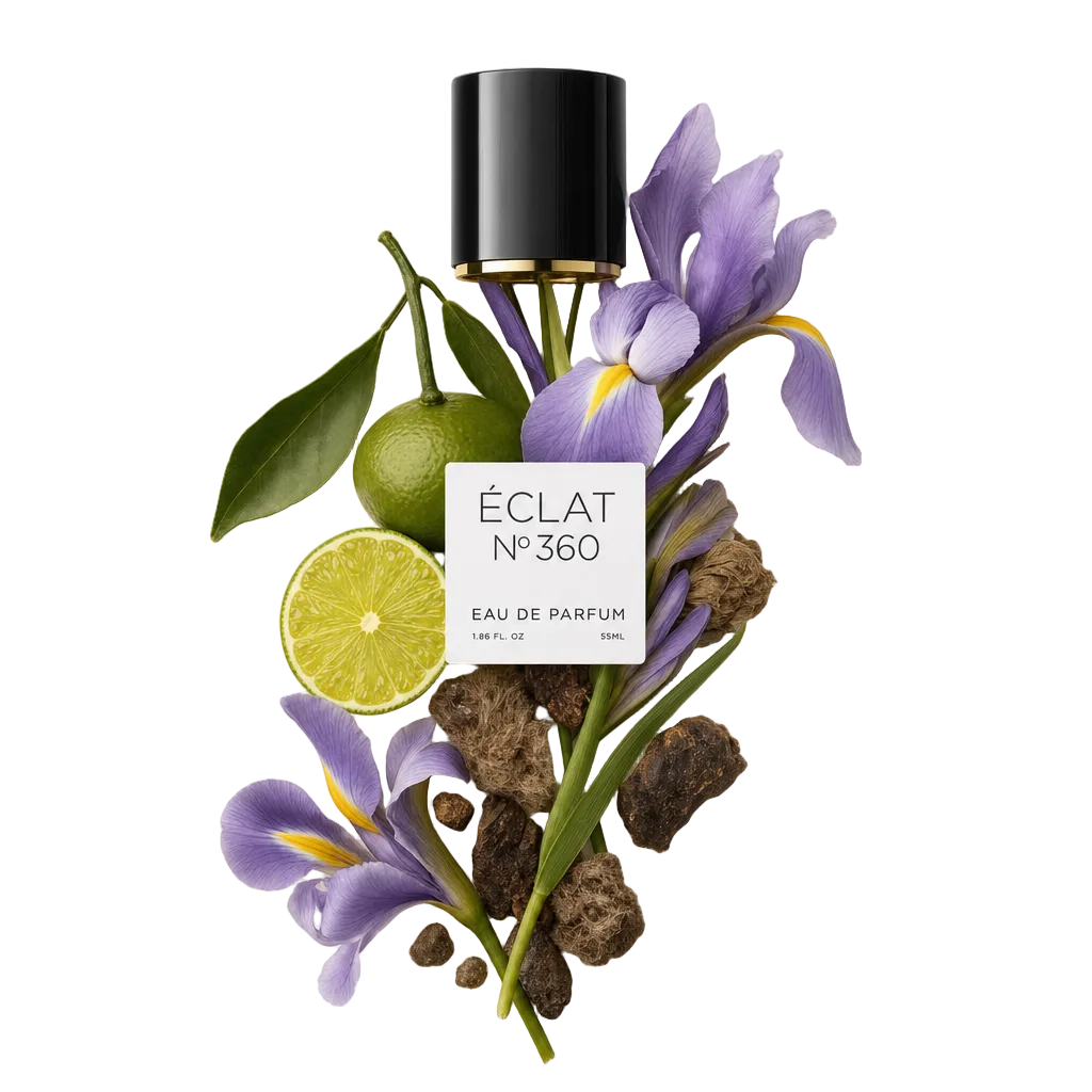 Ein Arrangement aus Irisblüten, Mandarine und erdigen Noten umgibt eine schwarze Kappe mit ÉCLAT-Etikett.