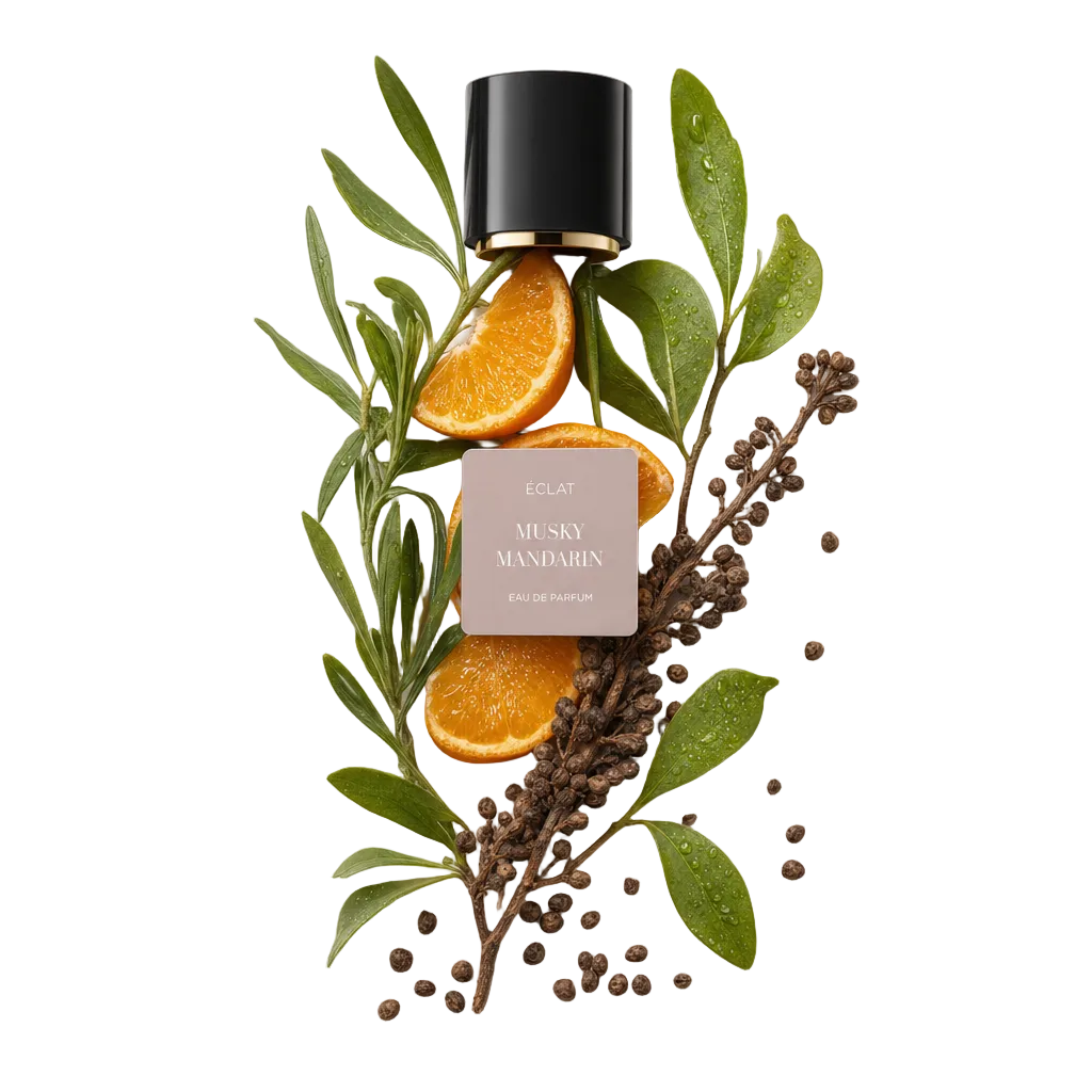 Ein Arrangement aus Mandarinen-Scheiben, grünen Blättern und getrockneten Gewürzen um die originale schwarze ÉCLAT-Verschlusskappe mit Etikett.