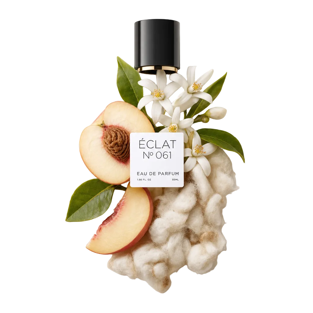 Ein Arrangement aus Pfirsichscheiben, weißen Blüten und Baumwolle mit einer schwarzen Kappe, beschriftet mit ÉCLAT Musky Peach.
