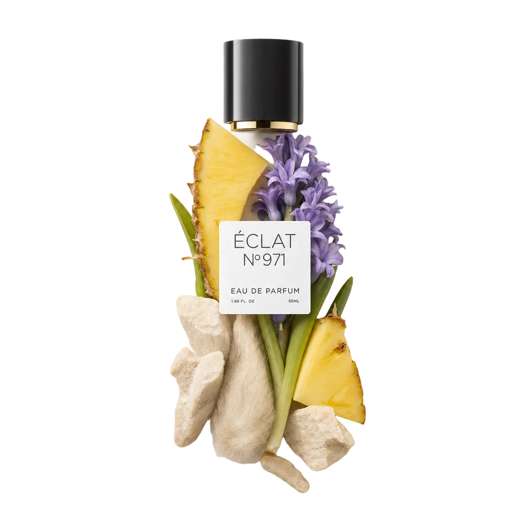 Ein Arrangement aus Ananasscheiben, violettem Hyazinthen und erdigen Wurzeln umgibt eine schwarze Kappe mit ÉCLAT Musky Pineapple Etikett.