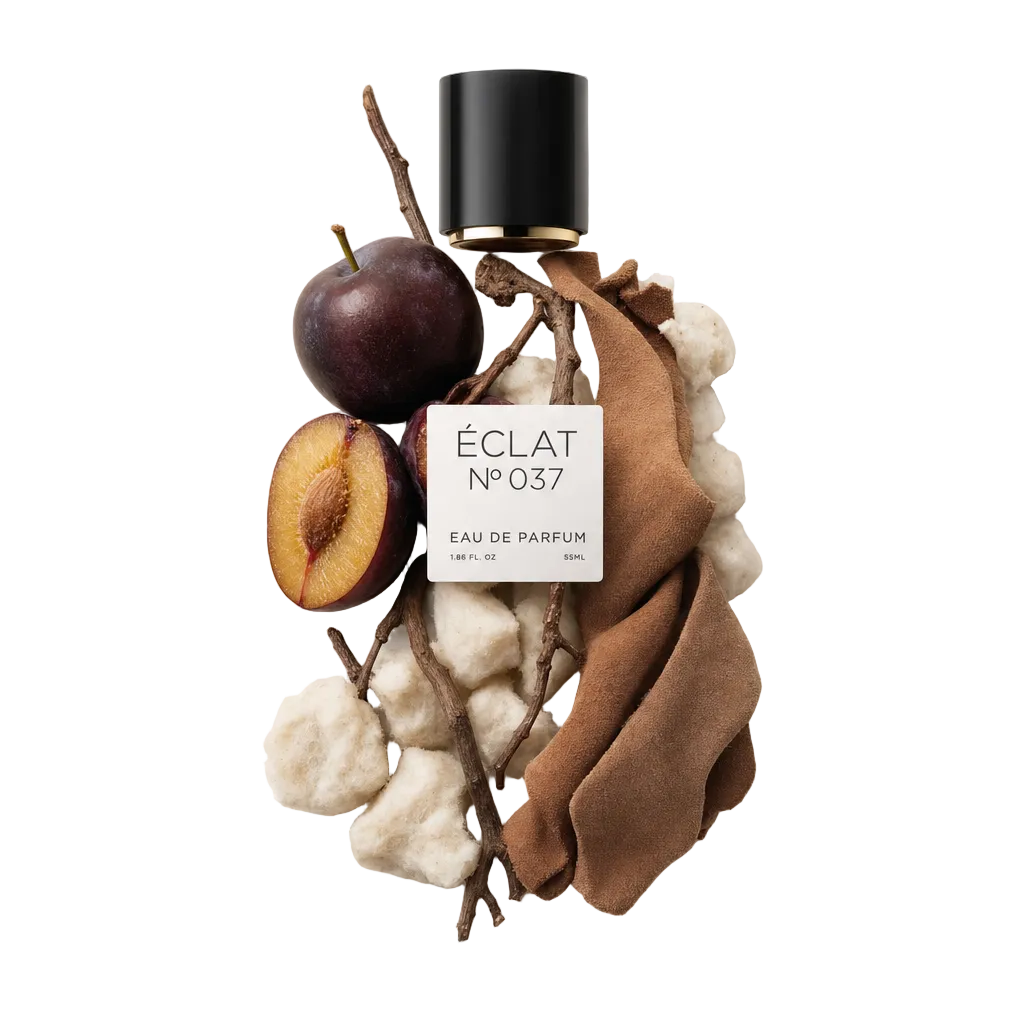 Ein Arrangement aus einer ganzen Pflaume, einer halben Pflaume, braunen Zweigen, weißen Baumwollkugeln und einem weichen braunen Stoff umgibt eine schwarze Kappe mit einem Etikett für ÉCLAT Musky Plum.