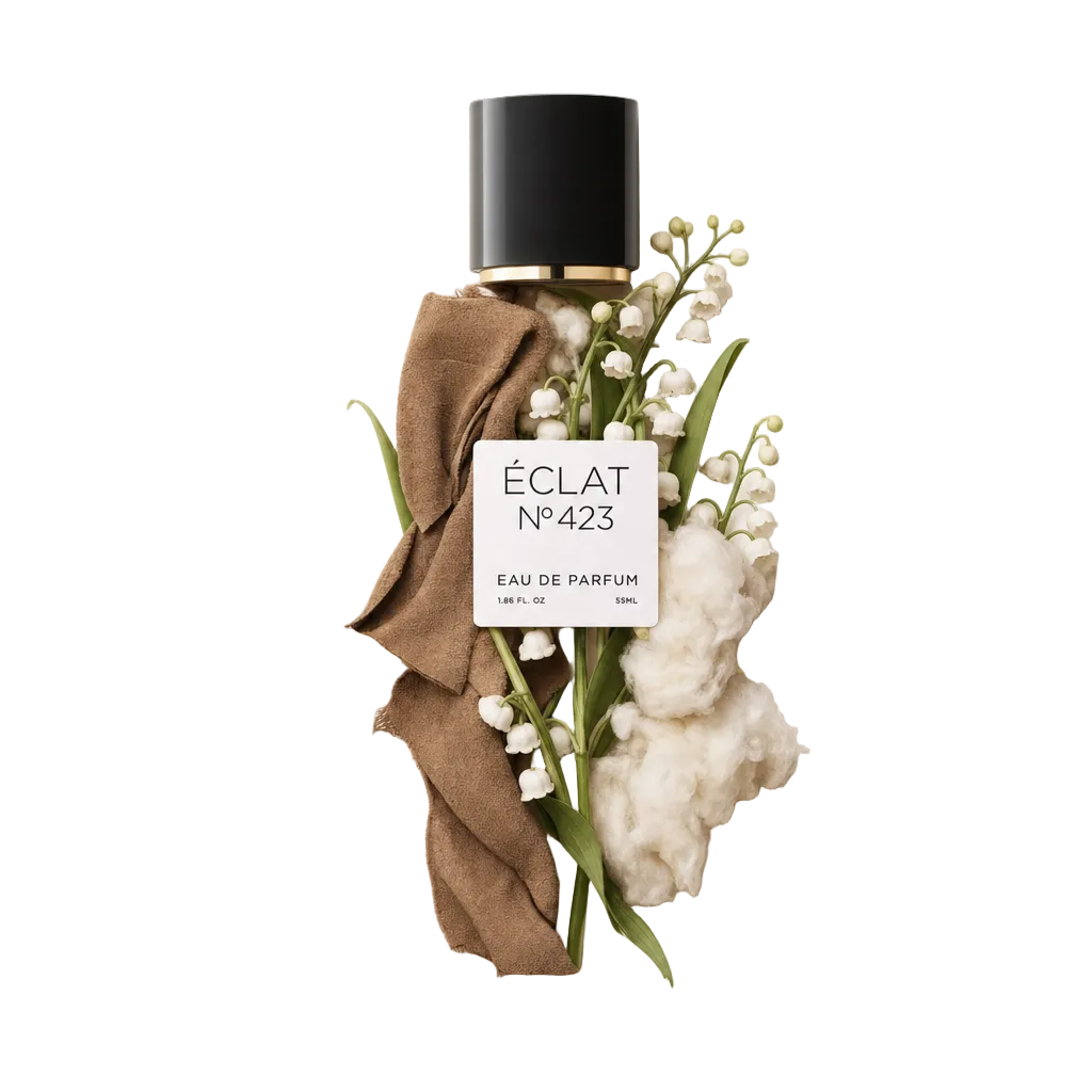 Ein Arrangement aus Wildlederstoff, Maiglöckchenblüten und weicher Wolle umgibt die originale schwarze Kappe mit ÉCLAT-Etikett.