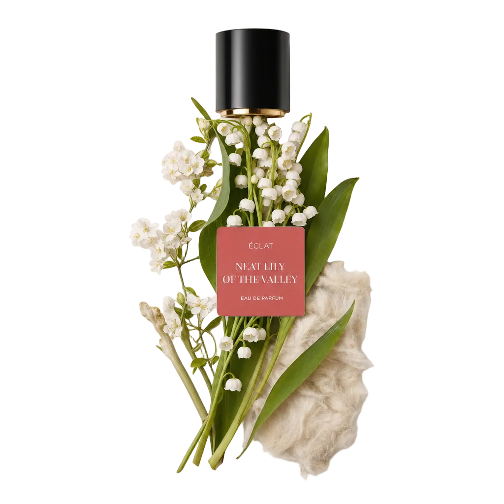 Ein Arrangement aus Maiglöckchen und Blättern mit einer schwarzen Kappe, die das Etikett ÉCLAT Neat Lily of the Valley zeigt, auf weich texturiertem Hintergrund.