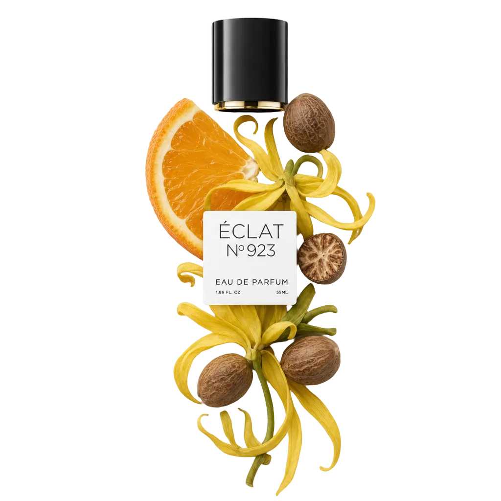 Eine Komposition aus Muskatnuss, Ylang-Ylang-Blüten und einer Orangenscheibe umgibt das ÉCLAT-Etikett und eine schwarze Kappe mit goldenem Ring.