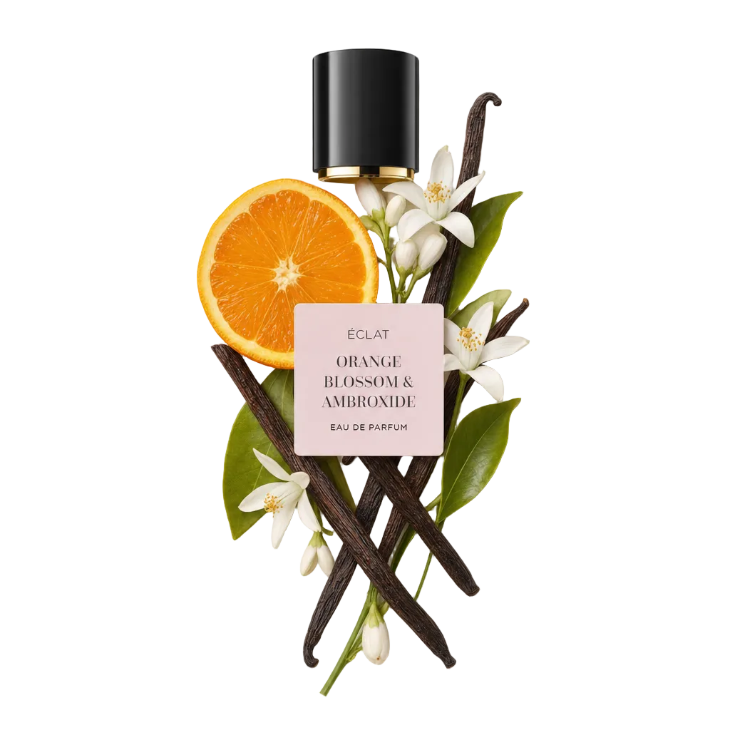 Ein harmonisches Arrangement aus Vanilleschoten, Orangenscheiben und Orangenblüten mit sattem Grün darunter, eine schwarze Kappe mit ÉCLAT Orange Blossom & Ambroxide Etikett darüber.