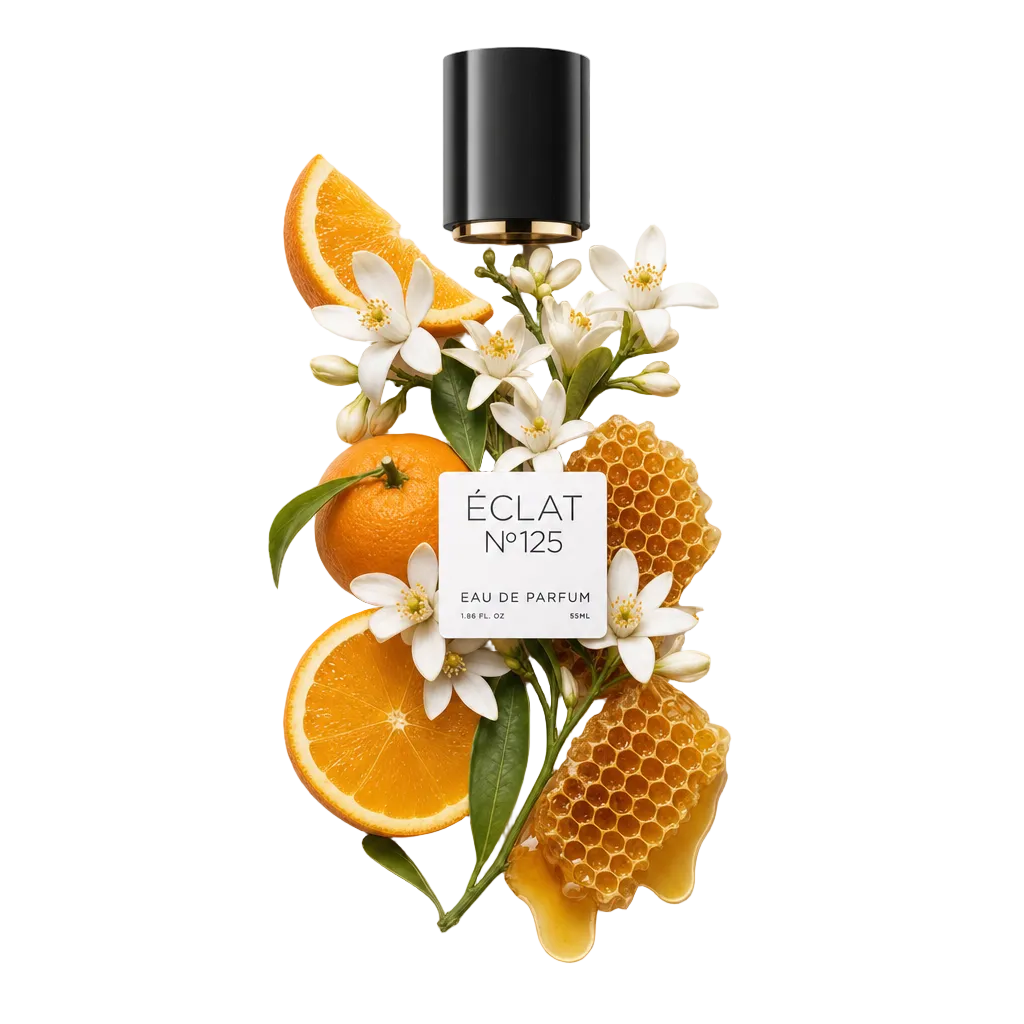 Ein Arrangement aus Orangenscheiben, Blüten und Honigwaben mit einer schwarzen Kappe und einem ÉCLAT-Etikett.