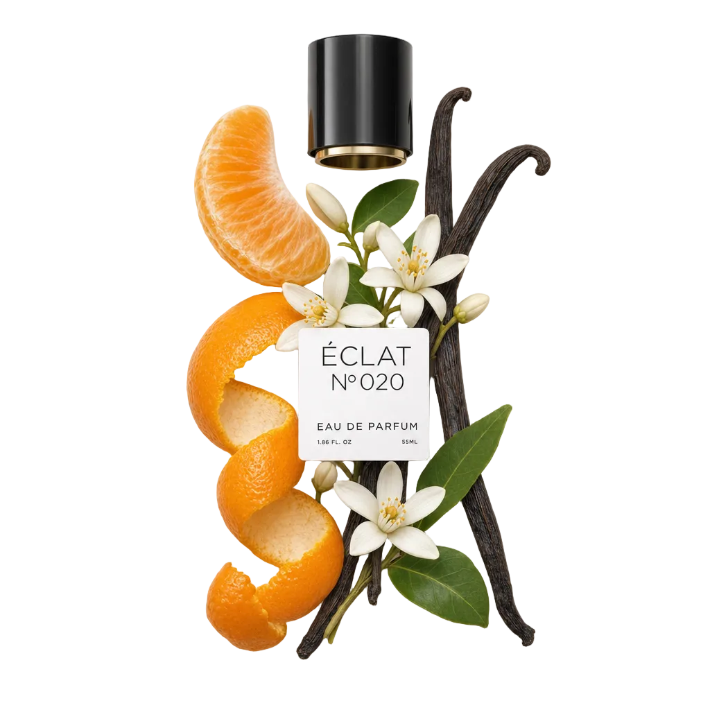 Eine schwarze Verschlusskappe mit Etikett liegt über einer Komposition aus Orangenscheiben, Vanilleschoten und zarten weißen Blüten mit grünen Blättern, die ÉCLAT Orange Blossom & Vanilla repräsentieren.