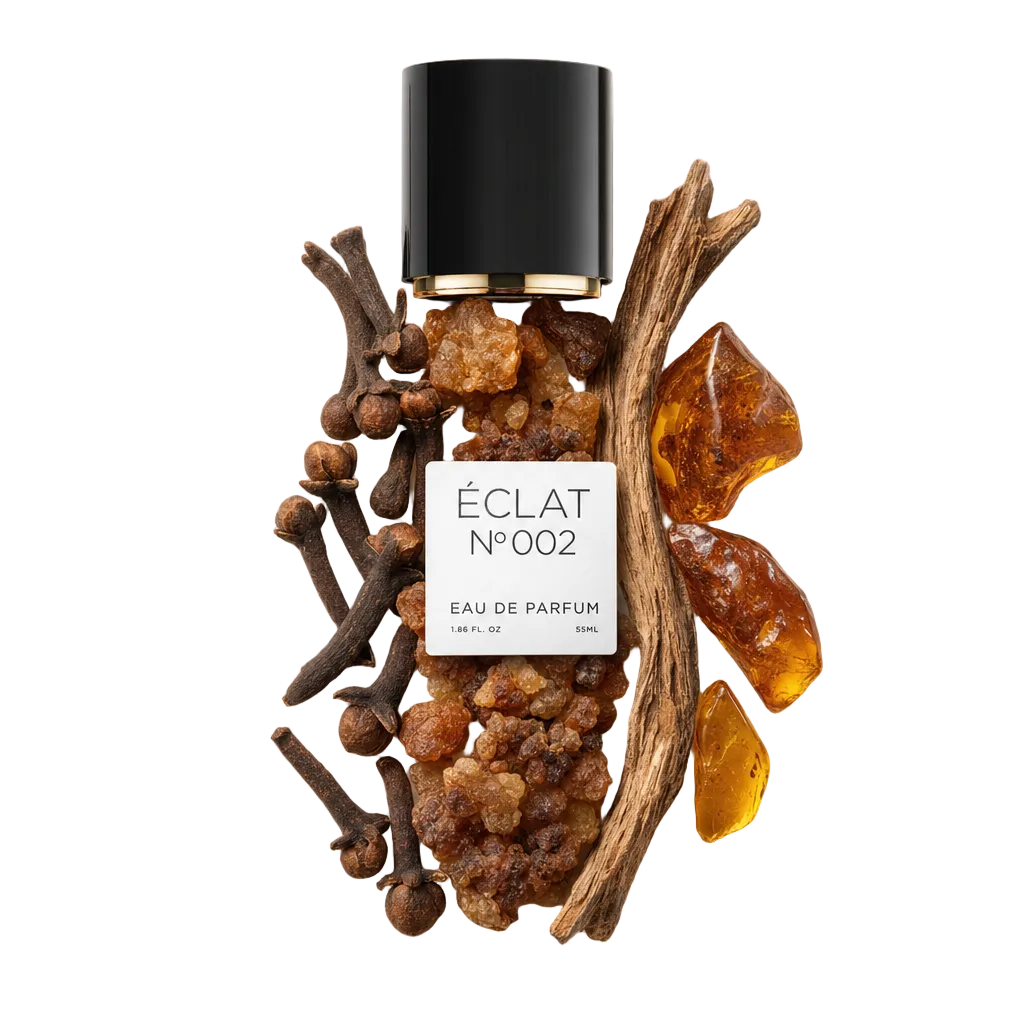 Ein Arrangement aus Nelken, Myrrhenharz und Bernsteinstücken umgibt eine schwarze Kappe mit ÉCLAT Oriental Myrrh Etikett.