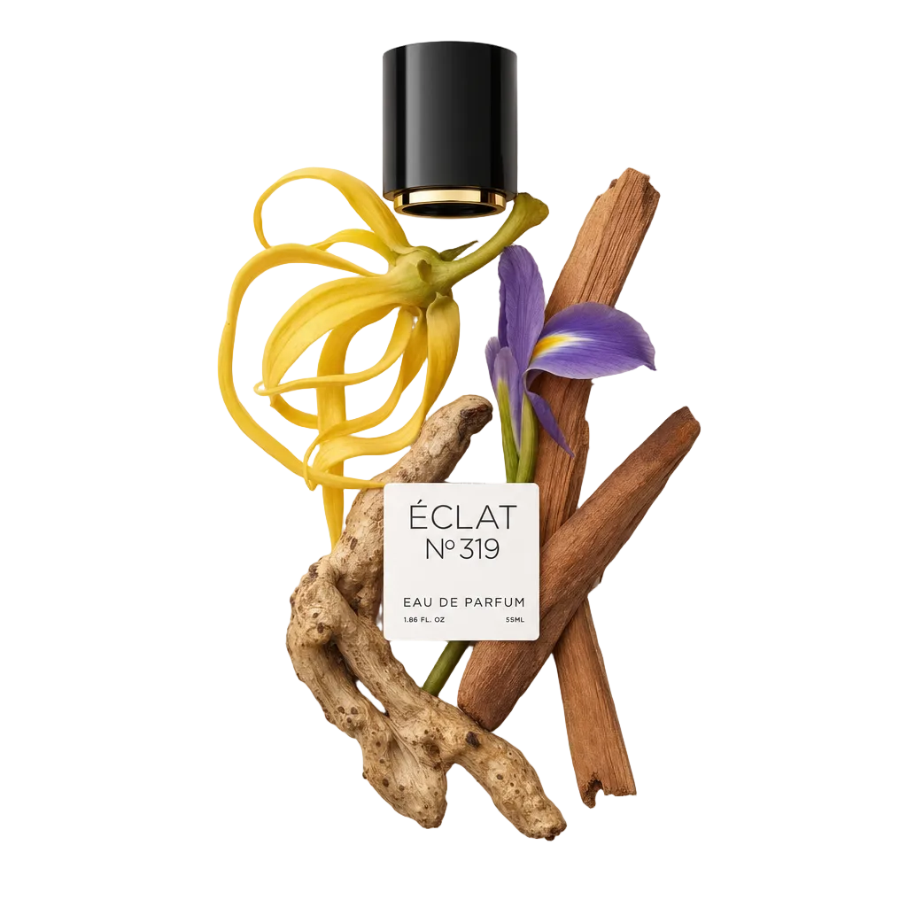 Ein Arrangement aus Ylang-Ylang-Blütenblättern, einer violetten Iris, Sandelholzstücken und Wurzel, mit einer schwarzen Kappe, beschriftet ÉCLAT Oriental Sandalwood.