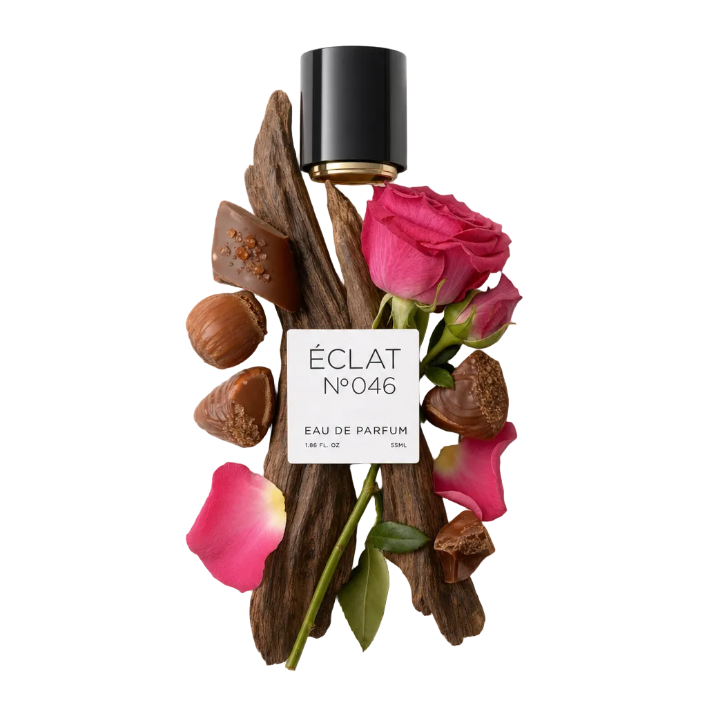 Ein Arrangement aus Oud-Holz, Pralinen und Rosen, das die schwarze Kappe mit ÉCLAT-Etikett hervorhebt.