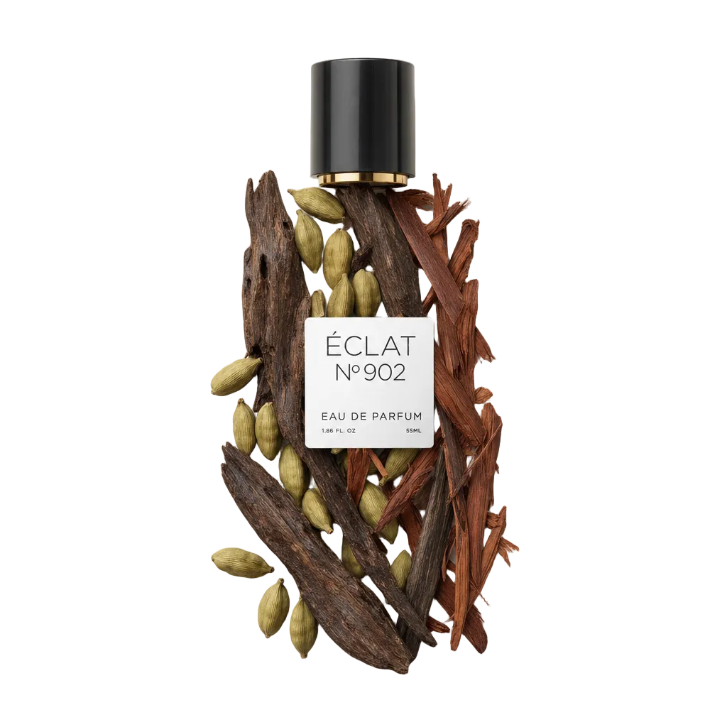 Ein Arrangement aus Rosenholz und Kardamom umgibt eine schwarze Verschlusskappe mit Etikett, das ÉCLAT VIP - Oud & Rosewood darstellt.