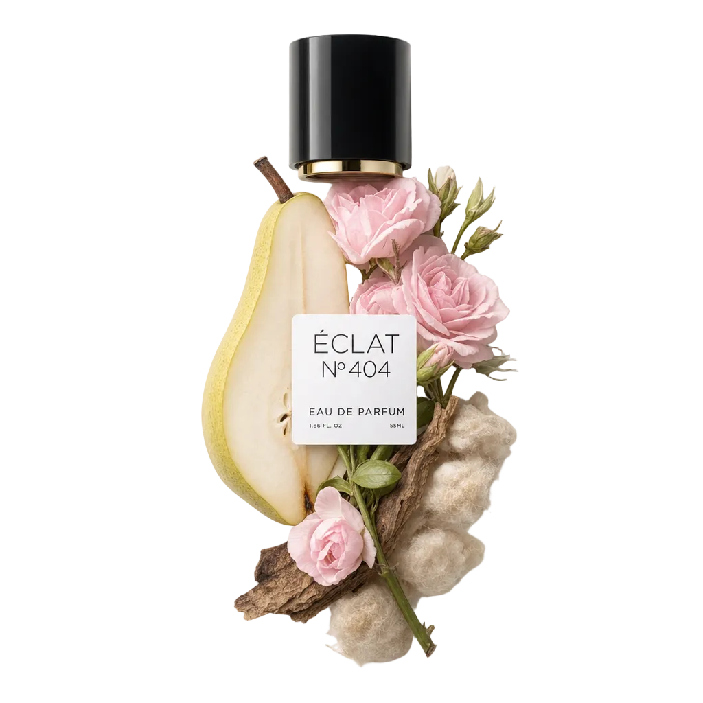 Ein Arrangement aus einer halbierten Birne, zarten rosa Rosen, rustikalem Holz und weichen Baumwollflocken um eine schwarze ÉCLAT-Kappe mit Etikett.