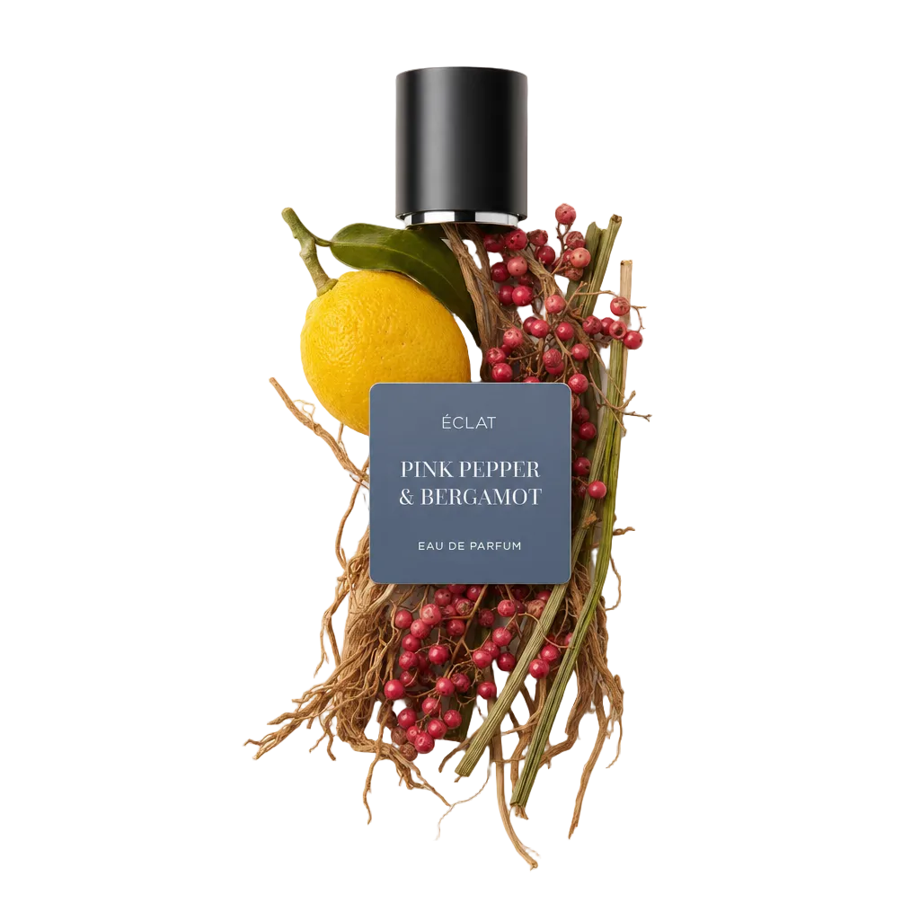 Ein Arrangement aus rosa Pfefferbeeren, einer gelben Bergamotte und getrocknetem Gras umgibt eine schwarze Kappe mit einem ÉCLAT Pink Pepper & Bergamot Etikett.