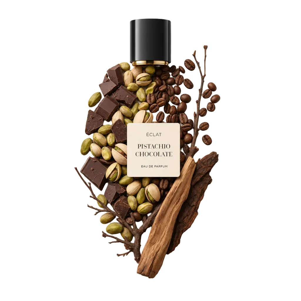 Ein Arrangement aus Schokoladenstücken, Pistazien, Kaffeebohnen und Holz, mit einer schwarzen Kappe und einem Etikett von ÉCLAT Pistachio Chocolate oben.