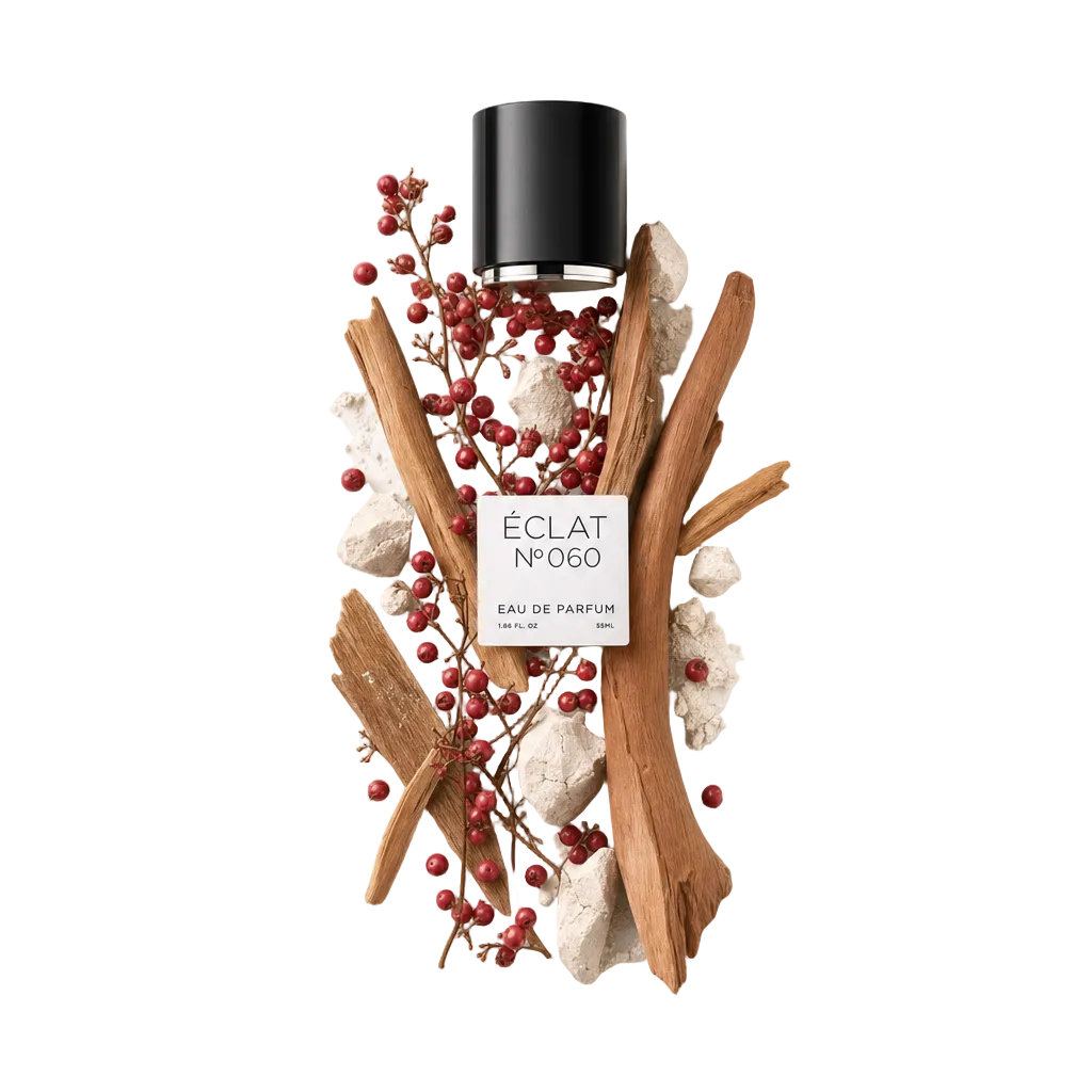 Ein Arrangement aus roten Beeren und Lorbeerblättern sowie strukturierten Steinstücken umgibt eine schwarze Kappe mit ÉCLAT Powdery Laurel Leaf Etikett.
